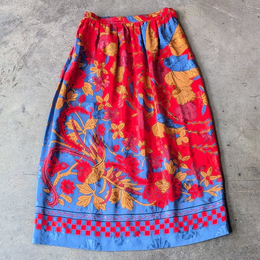 Vintage Umi Collections by Anne Crimmins Red Blue Patterned Silk Midi Skirt - Picture 3 of 9